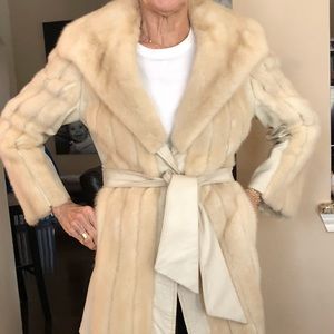 Beautiful White Mink and Leather jacket with belt.
